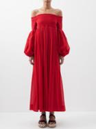 Chlo - Off-the-shoulder Shirred Wool-gauze Maxi Dress - Womens - Red