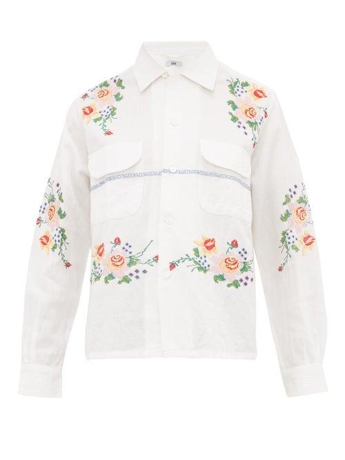 Matchesfashion.com Bode - Pagoda Embroidered Cotton Blend Shirt - Womens - White Multi