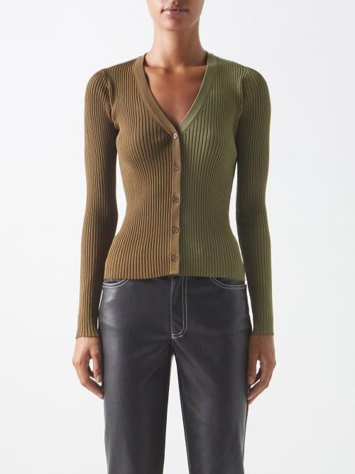 Staud - Cargo Two-tone Ribbed-knit Jersey Cardigan - Womens - Green Multi