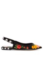 Matchesfashion.com Dolce & Gabbana - Crystal Embellished Floral Print Twill Flats - Womens - Black Multi