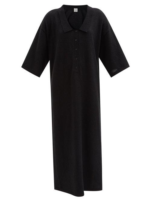 Totme - Collared V-neck Cotton-blend Terry Midi Dress - Womens - Black