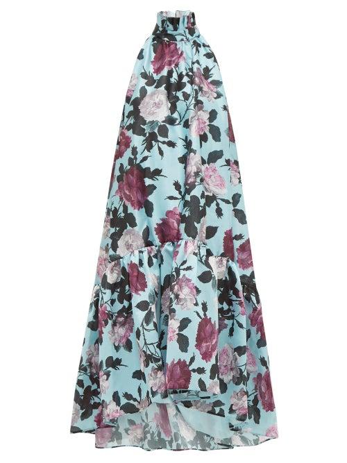 Matchesfashion.com Erdem - Belita High Neck Floral Print Taffeta Dress - Womens - Blue Multi