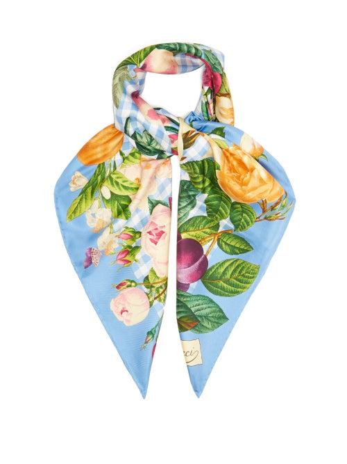 Matchesfashion.com Gucci - Floral-print Gingham Silk-twill Scarf - Womens - Blue Multi
