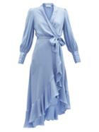 Matchesfashion.com Zimmermann - Belted Silk-charmeuse Wrap Midi Dress - Womens - Light Blue