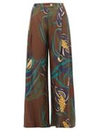 Matchesfashion.com La Prestic Ouiston - Obviously Coral Print Silk Satin Twill Trousers - Womens - Brown Multi