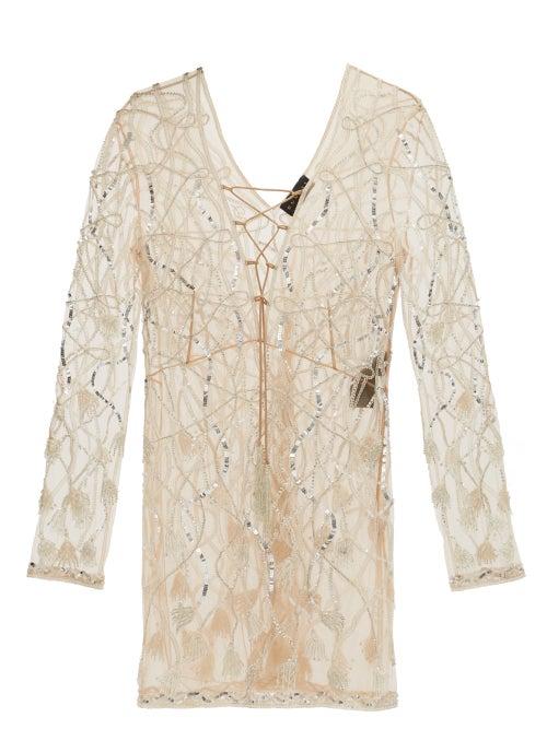 Matchesfashion.com Dundas - Laced-front Sequinned And Beaded Mini Dress - Womens - Nude