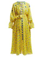 Matchesfashion.com Gl Hrgel - Floral Print Tie Waist Linen Dress - Womens - Yellow Print