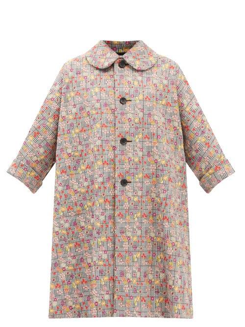 Comme Des Garons Comme Des Garons - Floral-embroidered Glen-check Tailored Coat - Womens - Beige Multi