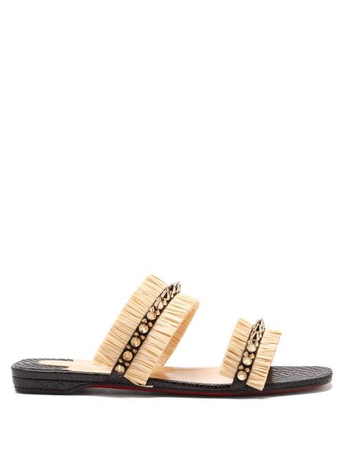 Matchesfashion.com Christian Louboutin - Marivodou Spike-embellished Raffia Slides - Womens - Black Beige