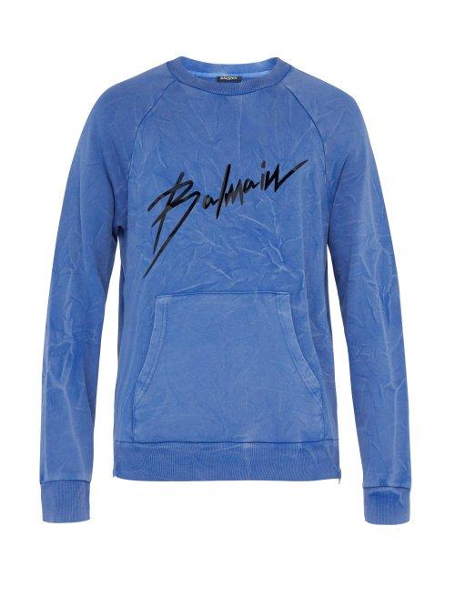 Matchesfashion.com Balmain - Distressed Effect Logo Print Cotton Sweatshirt - Mens - Blue