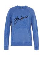 Matchesfashion.com Balmain - Distressed Effect Logo Print Cotton Sweatshirt - Mens - Blue
