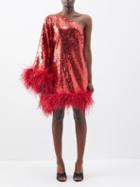 Taller Marmo - Piccolo Disco Feather-trim Sequinned Crepe Dress - Womens - Red