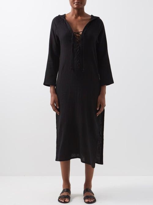 Albus Lumen - Hooded Drawstring-front Cotton-muslin Kaftan - Womens - Black