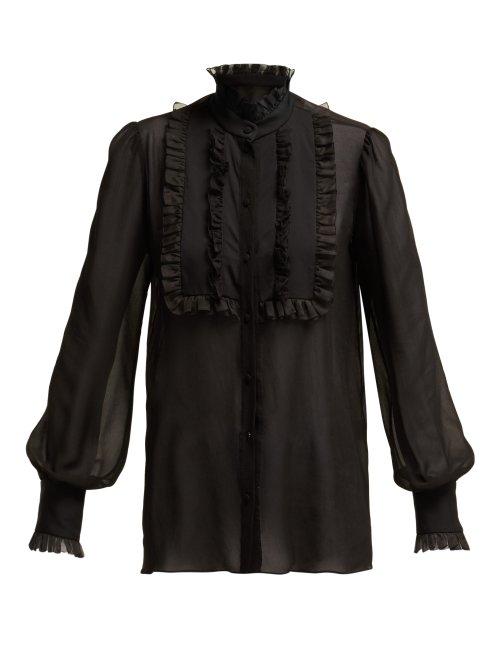 Matchesfashion.com Dolce & Gabbana - Ruffled High Neck Silk Blend Chiffon Blouse - Womens - Black