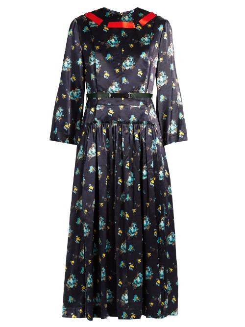 Toga Floral-print Contrast-ribbon Satin Dress
