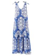 Matchesfashion.com Juliet Dunn - Tie-shoulder Floral-print Cotton Maxi Dress - Womens - Blue White