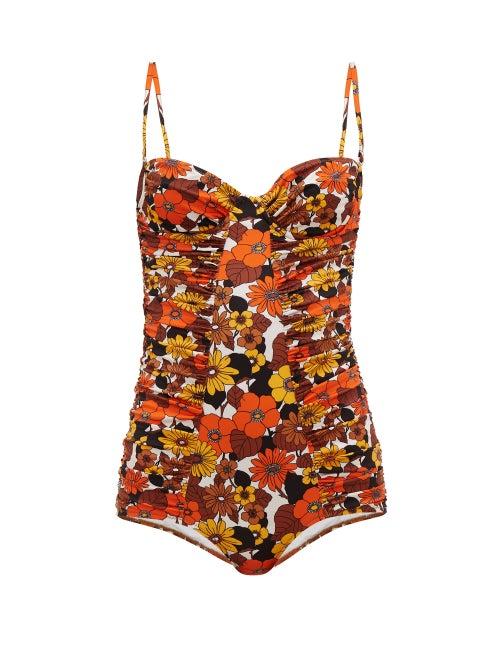 Matchesfashion.com Dodo Bar Or - Tatiana Ruched Floral-print Swimsuit - Womens - Brown Print