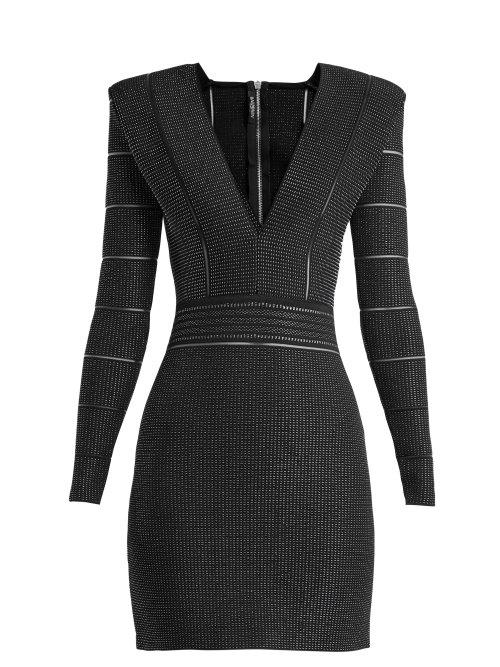Matchesfashion.com Balmain - Deep V Neck Knitted Mini Dress - Womens - Black