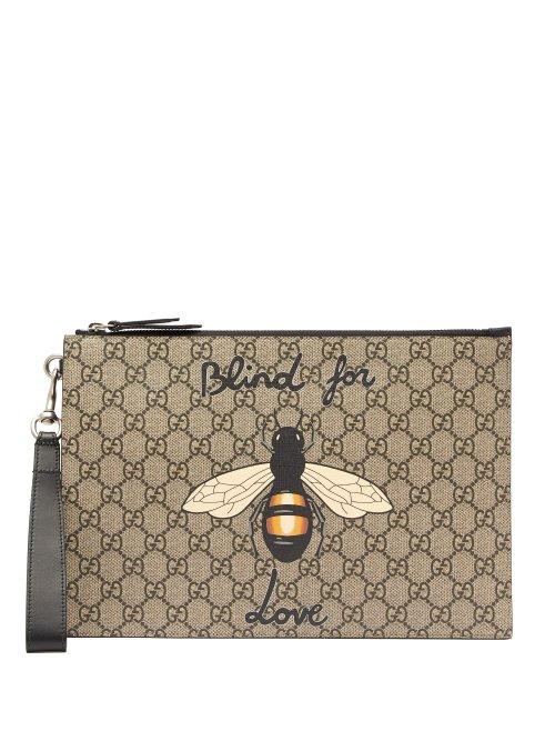 Matchesfashion.com Gucci - Bee Print Gg Supreme Canvas Pouch - Mens - Brown Multi