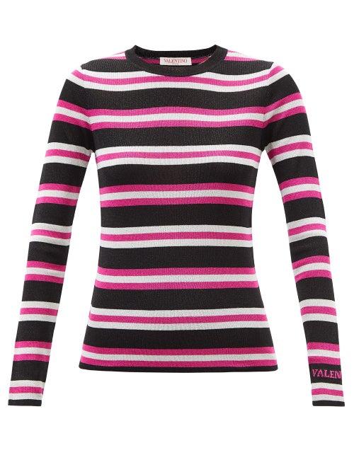 Valentino - Round-neck Striped Knitted Top - Womens - Pink Stripe