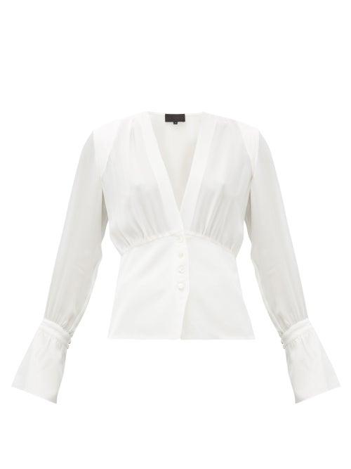 Matchesfashion.com Nili Lotan - Mariana Poet-sleeve V-neck Silk-crepe Blouse - Womens - White
