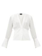 Matchesfashion.com Nili Lotan - Mariana Poet-sleeve V-neck Silk-crepe Blouse - Womens - White