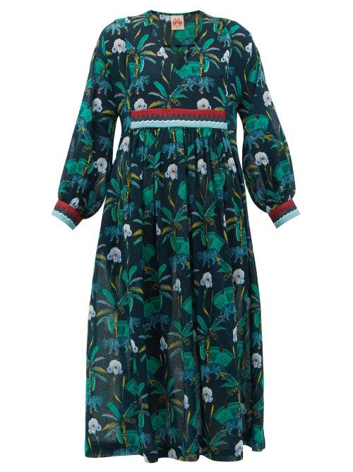 Matchesfashion.com Le Sirenuse, Positano - Callista Tiger-print Cotton-voile Kaftan - Womens - Navy Print