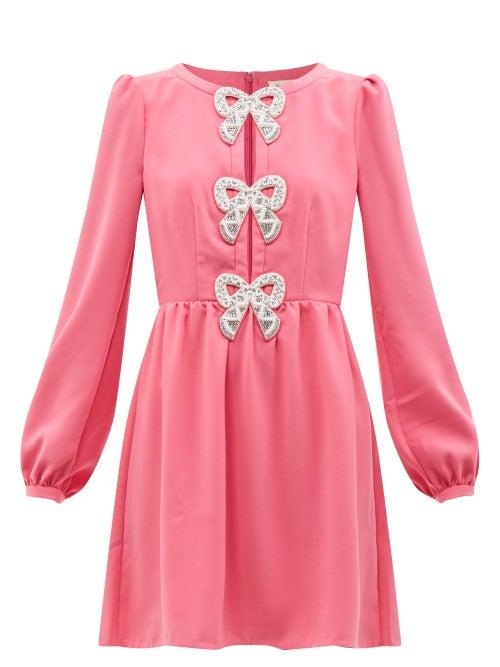 Saloni - Camille Crystal-bow Crepe Mini Dress - Womens - Pink Multi