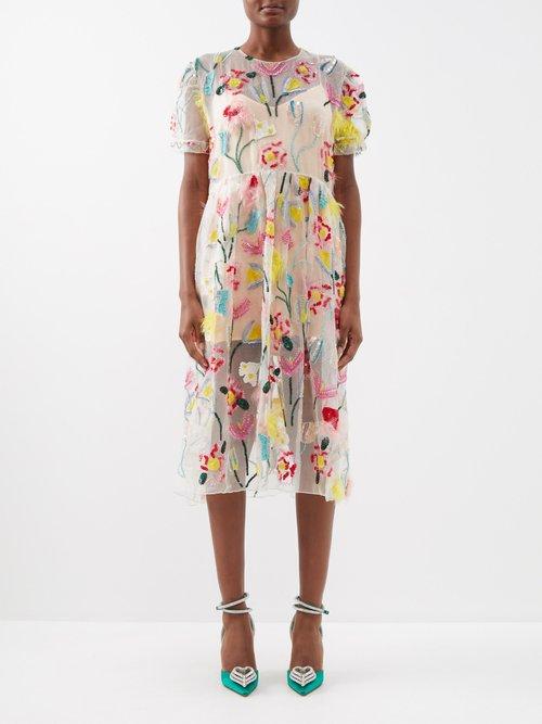 Ashish - Floral-embroidered Silk-organza Midi Dress - Womens - White Multi