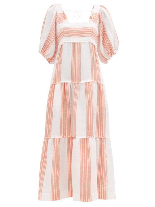 Three Graces London - Ursula Square-neck Striped Linen Maxi Dress - Womens - Orange Stripe