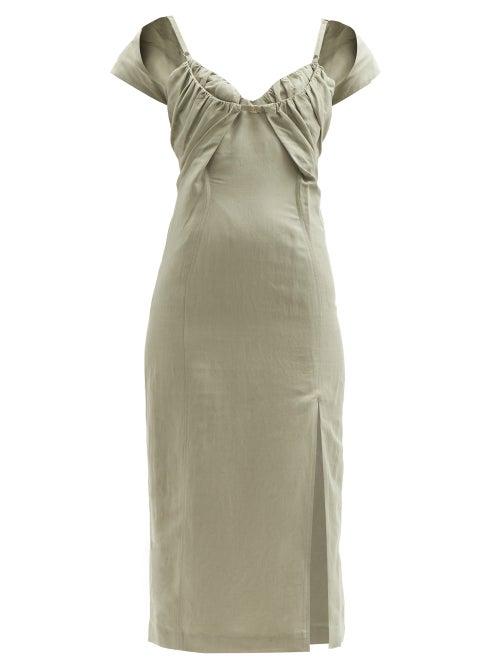 Matchesfashion.com Jacquemus - Tovallo Ruched-front Linen-blend Midi Dress - Womens - Light Green