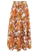 Matchesfashion.com Dodo Bar Or - Marina Floral-print Tiered Cotton Skirt - Womens - Brown Print