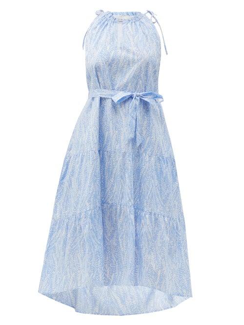 Matchesfashion.com Heidi Klein - Cape Verde Tie-waist Feather-print Cotton Dress - Womens - Blue Print
