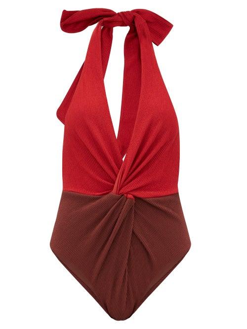 Matchesfashion.com Self-portrait - Plunge Halterneck Two-tone Swimsuit - Womens - Burgundy Multi