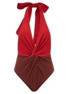 Matchesfashion.com Self-portrait - Plunge Halterneck Two-tone Swimsuit - Womens - Burgundy Multi