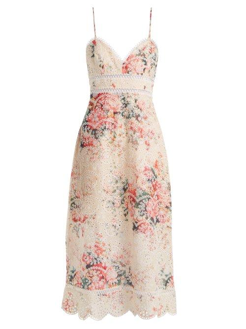 Matchesfashion.com Zimmermann - Laelia Floral Print Broderie Anglaise Dress - Womens - Cream Multi