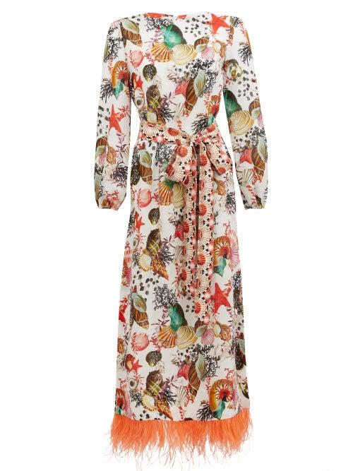 Matchesfashion.com Mary Mare - Firenze Shell-print Linen Midi Dress - Womens - White Print