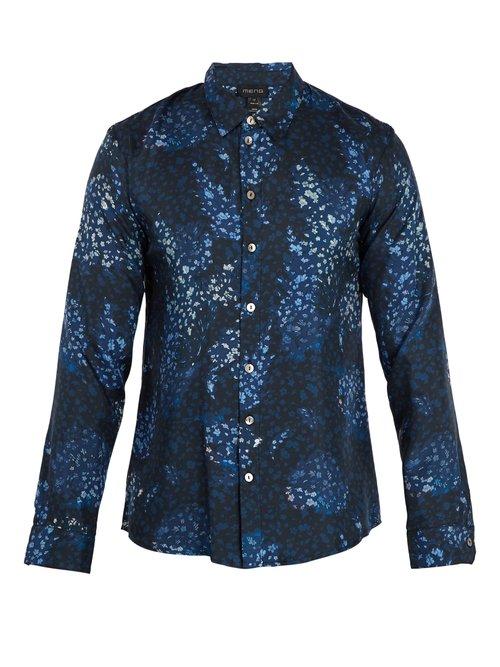 Matchesfashion.com Meng - Floral Print Silk Twill Pyjama Shirt - Mens - Blue