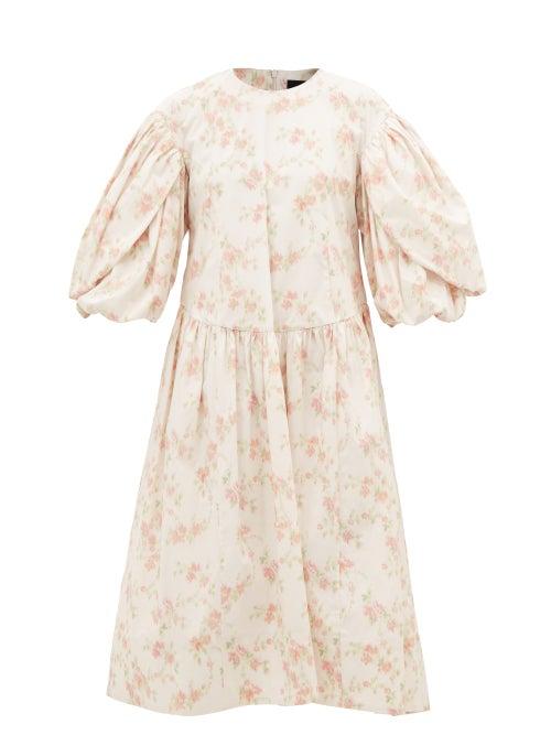 Simone Rocha - Balloon-sleeve Floral-print Cotton-cloqu Dress - Womens - White Multi