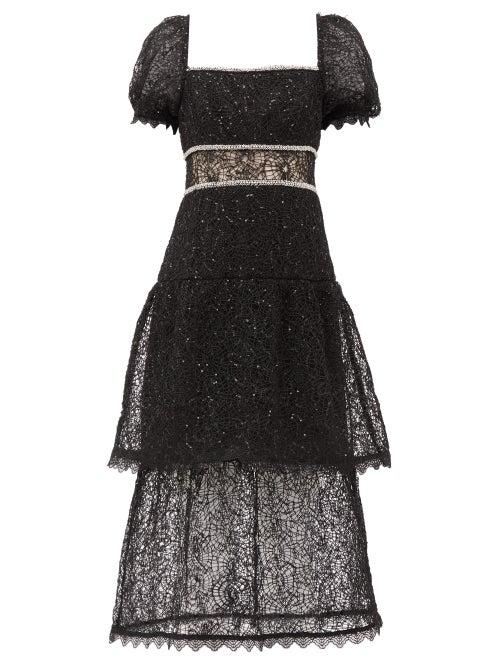 Matchesfashion.com Self-portrait - Crystal And Sequin-embellished Layered Lace Dress - Womens - Black