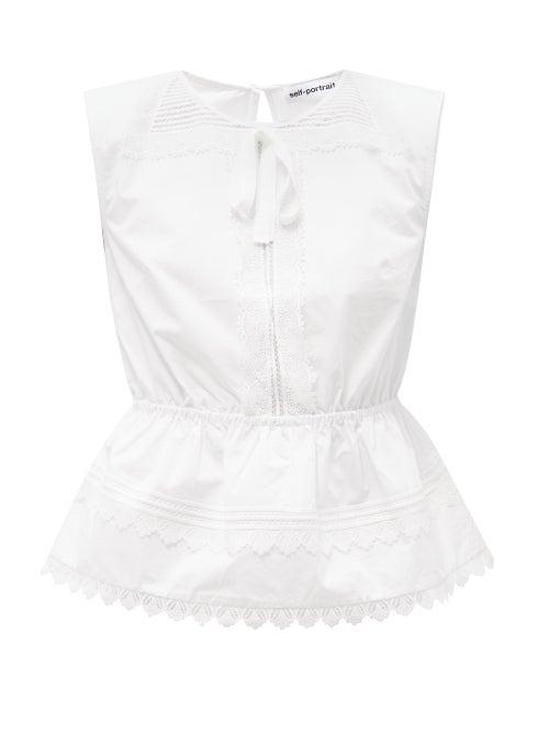 Ladies Rtw Self-portrait - Lace-trim Peplum Hem Cotton-poplin Top - Womens - White