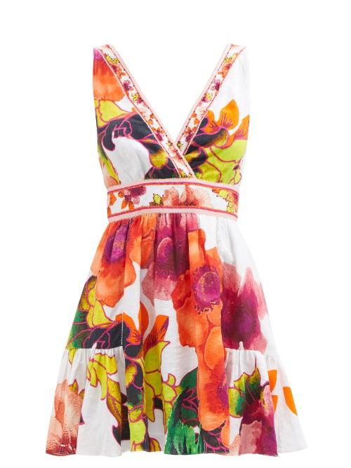 Camilla - Pretty As A Poppy-print V-neck Linen Dress - Womens - White Print