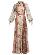 Luisa Beccaria Floral-print Ruffled-neck Panelled Silk Gown