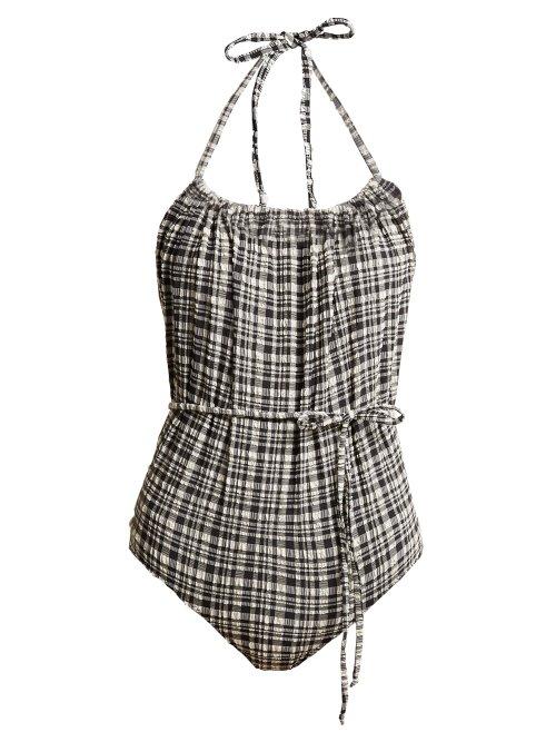 Matchesfashion.com Lisa Marie Fernandez - Charlotte Plaid Seersucker Halterneck Swimsuit - Womens - Black White