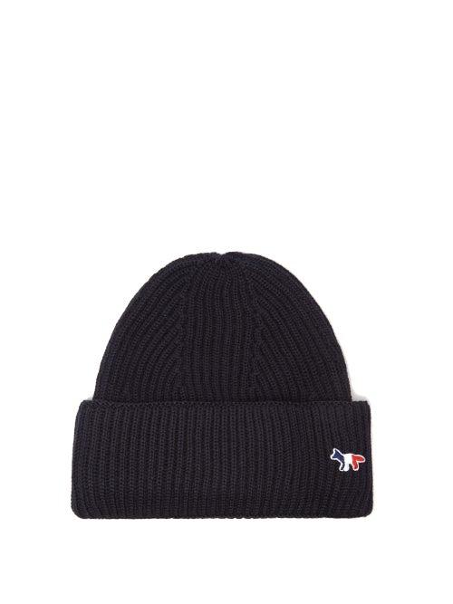 Matchesfashion.com Maison Kitsun - Fox Appliqu Ribbed Wool Blend Beanie Hat - Mens - Navy