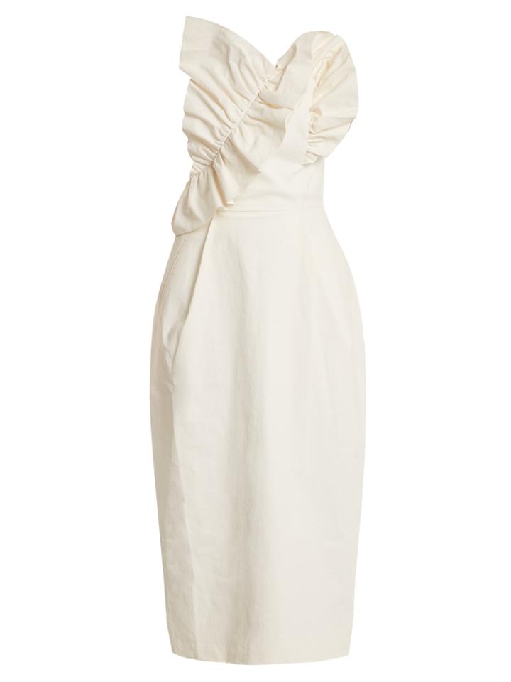 Anna October Ruffle-trimmed Strapless Coated Linen-blend Dress