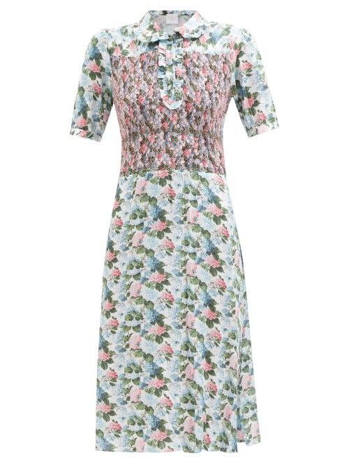 Loretta Caponi - Angelica Smocked Hydrangea-print Twill Dress - Womens - Blue Print