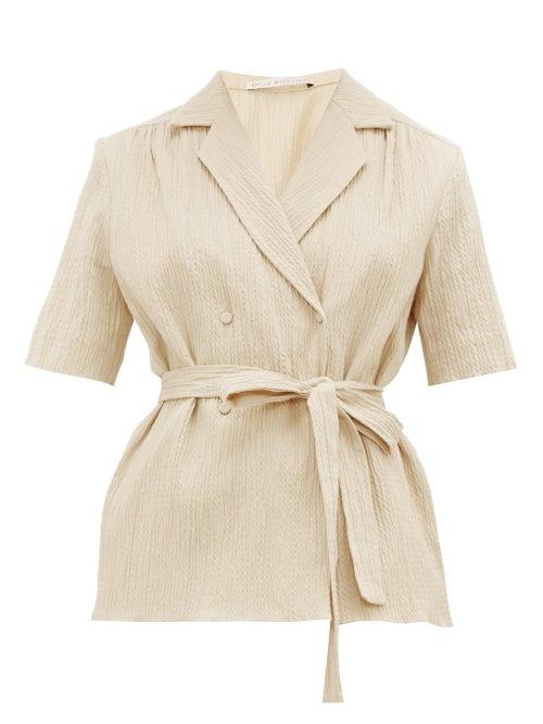 Matchesfashion.com Emilia Wickstead - Eudora Belted Cotton-blend Seersucker Blouse - Womens - Beige