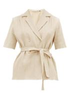 Matchesfashion.com Emilia Wickstead - Eudora Belted Cotton-blend Seersucker Blouse - Womens - Beige
