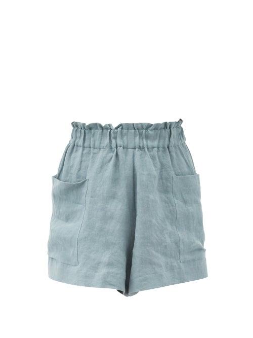 Matchesfashion.com Casa Raki - Emilia High-rise Organic-linen Shorts - Womens - Blue